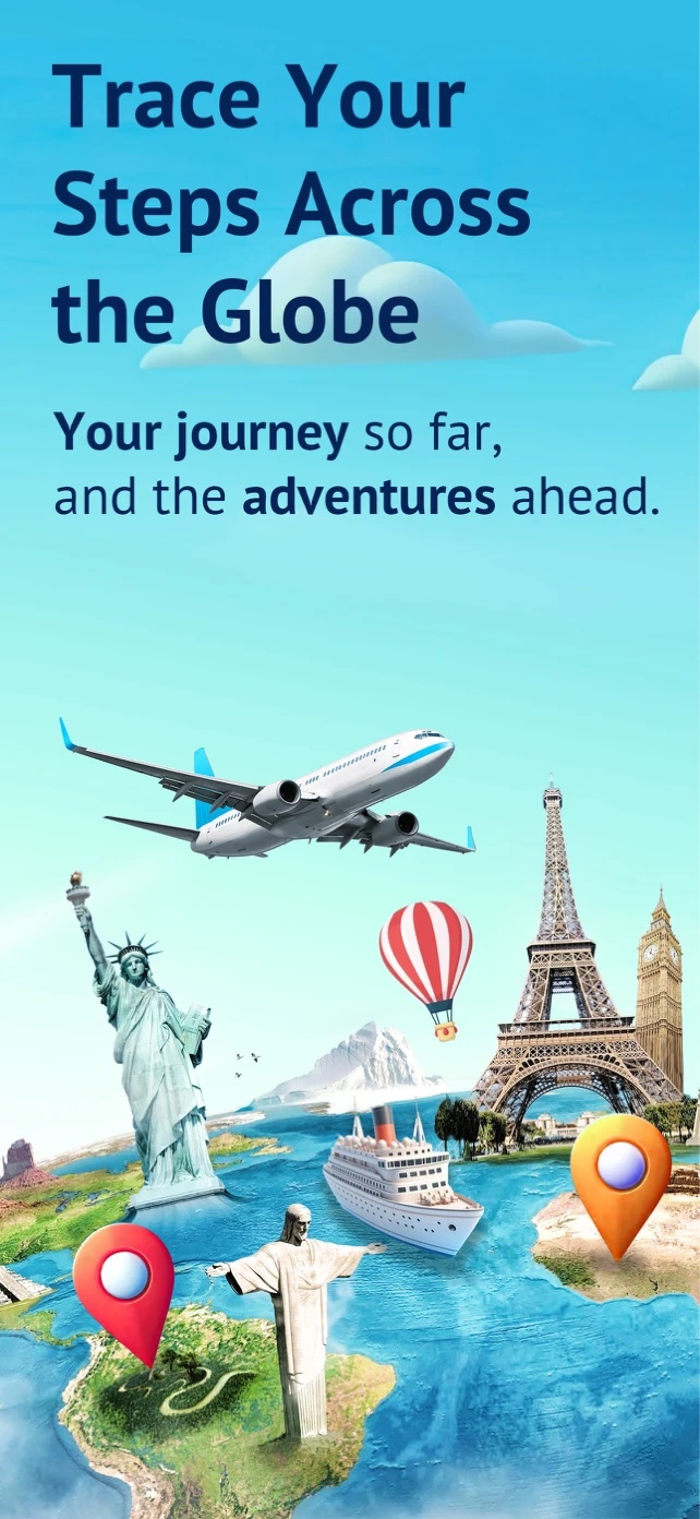 Illustration of world landmarks — the Statue of Liberty, Eiffel Tower, Big Ben and Christ the Redeemer — with a plane, cruise ship and map pins, titled Trace Your Steps Across the Globe