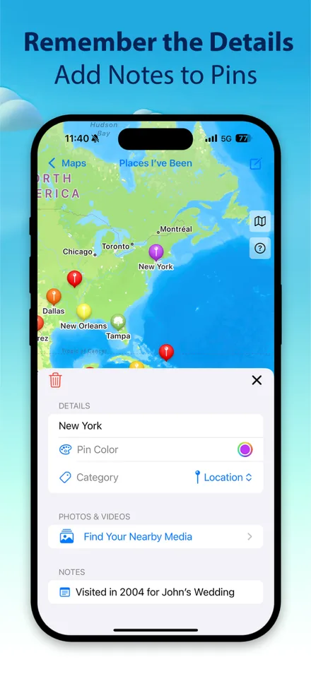 iPhone showing a New York pin's detail sheet with pin color, a Location category, Find Your Nearby Media, and the note Visited in 2004 for John's Wedding